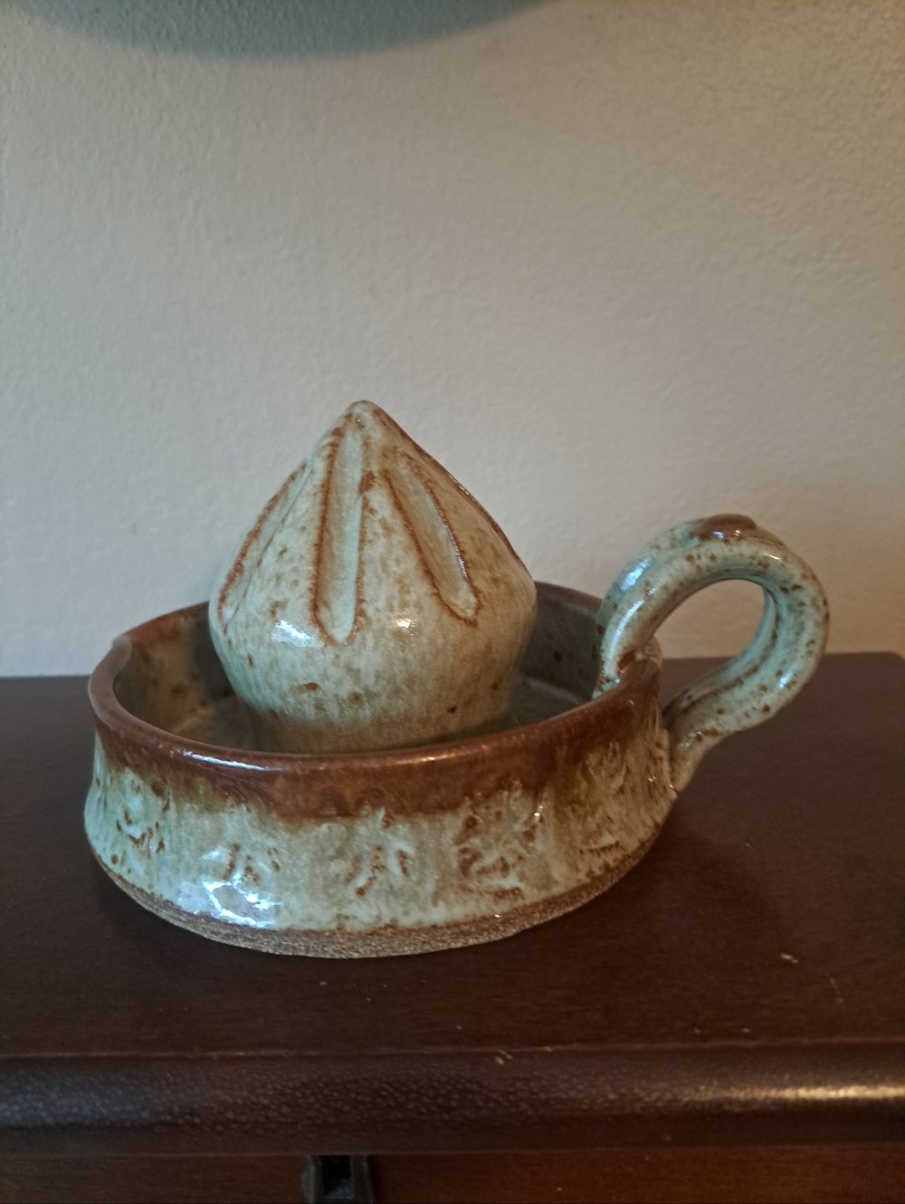Handmade Studio Art Pottery Primitive Rustic 6.5" Juicer Handle Spout Signed RH